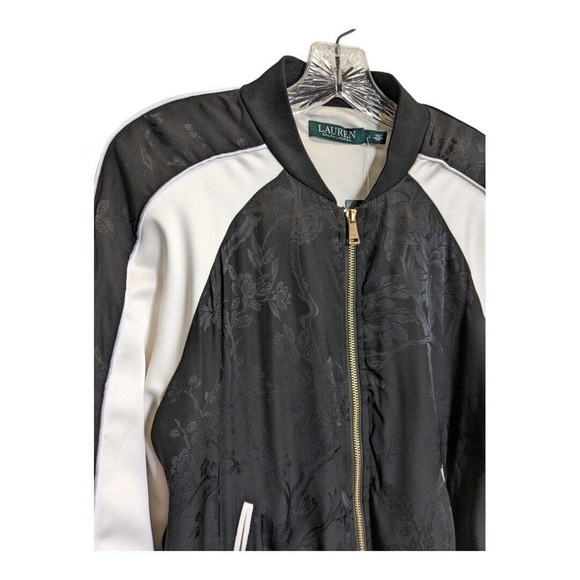 Lauren Ralph Lauren Black White satin jacket Floral Two-Tone Bomber Track - Picture 5 of 7